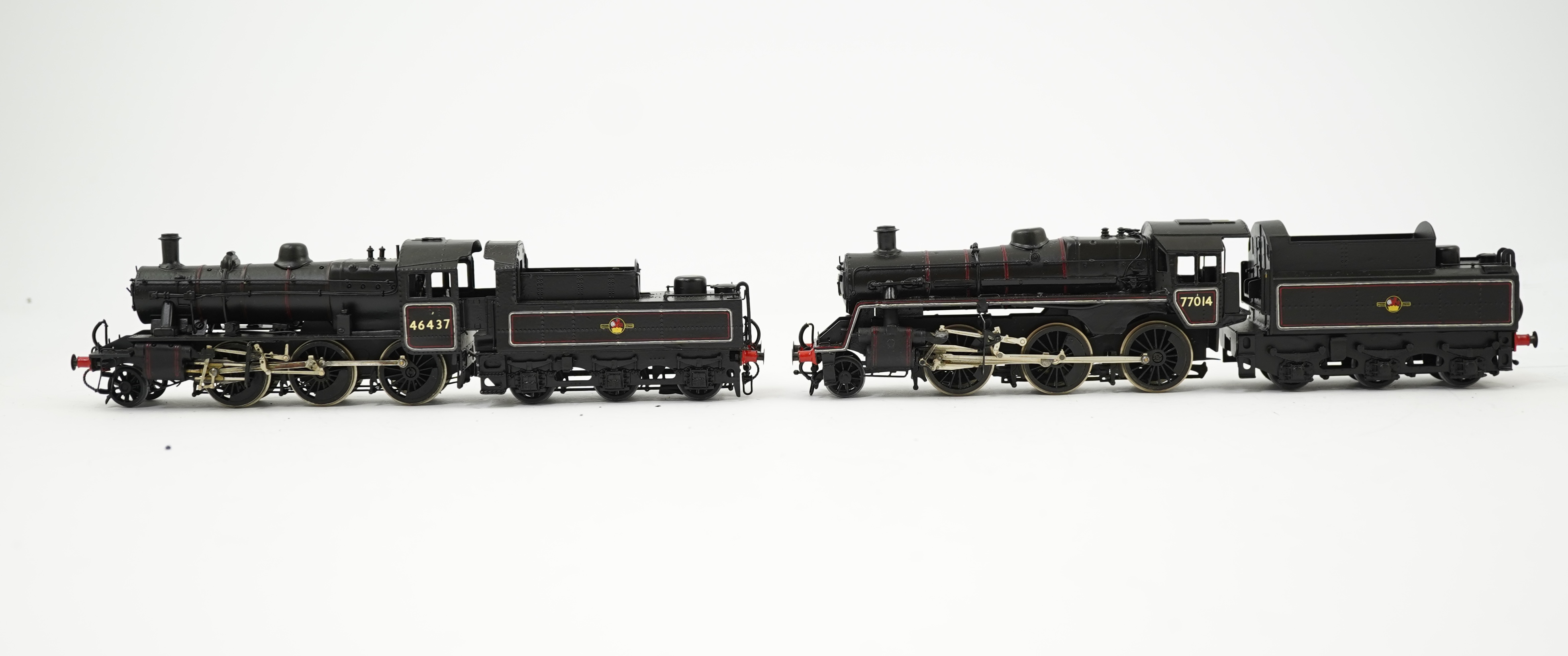 Two 00 gauge brass and white metal kit built BR tender locomotives; a Standard Class 2 2-6-0, 46437, together with a Standard Class 3 2-6-0, 77014, constructed, painted and lined to a high standard, both motored for two
